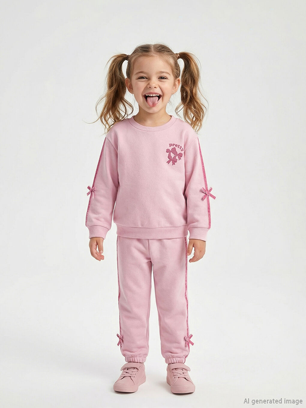 Bow Detail Girls' Thick Sweatshirt and Sweatpants-1