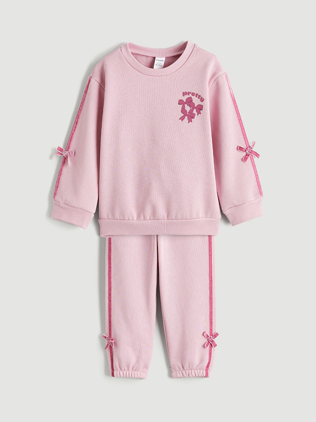 Pembe Fiyonklu Kız Çocuk Kalın Sweatshirt ve Eşofman Altı