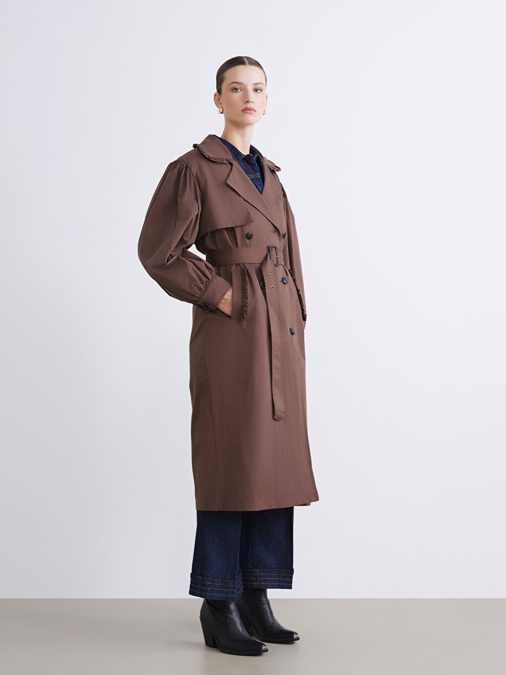 معطف خندق مزدوج الصدر للسيدات-3