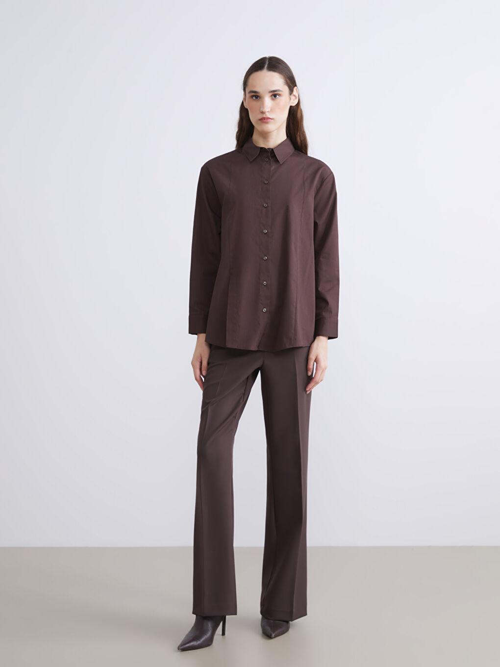 Kahverengi Oversize Poplin Kadın Gömlek Tunik-1