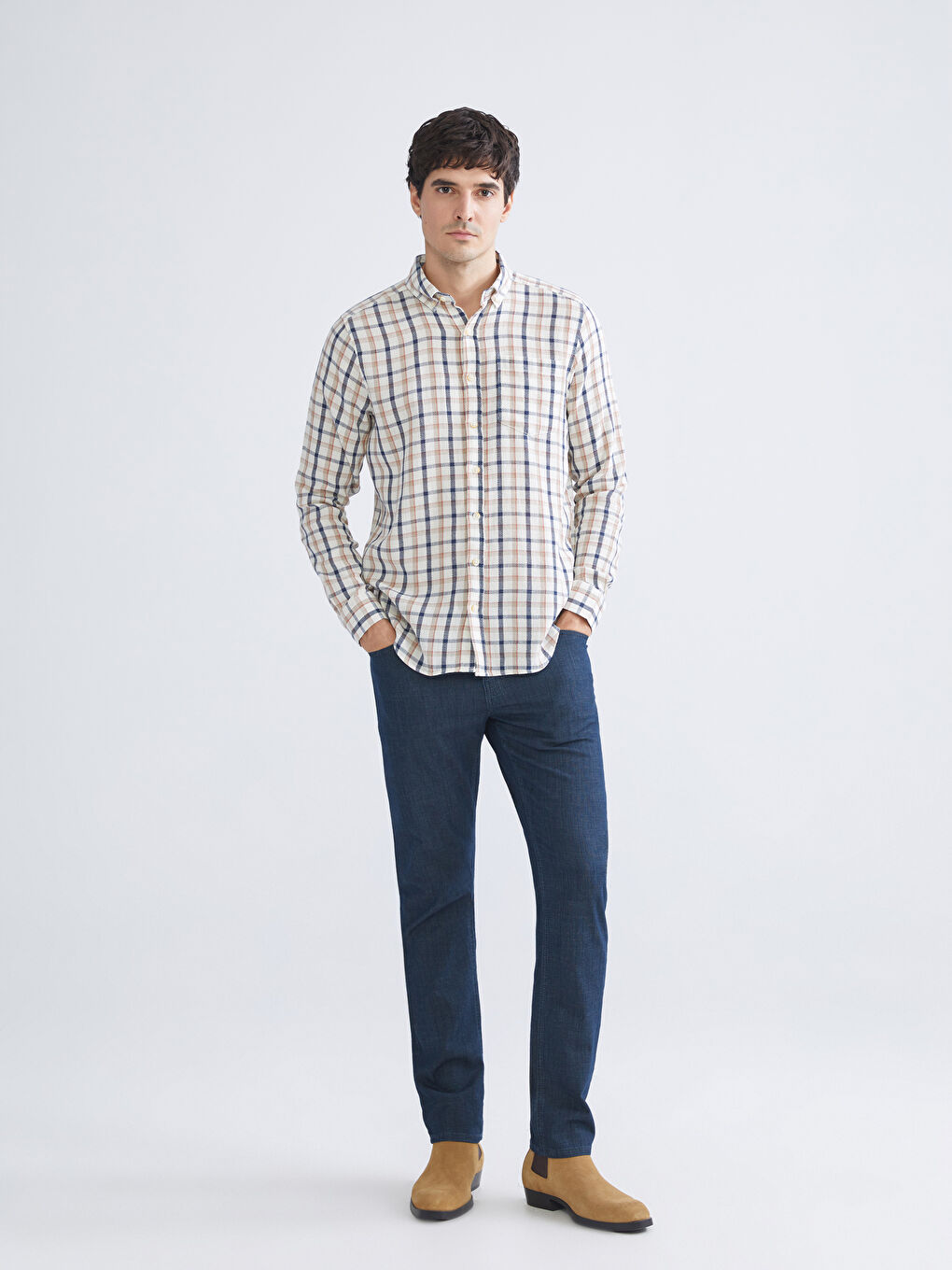 Bej Regular Fit Uzun Kollu Ekose Armürlü Erkek Gömlek-1