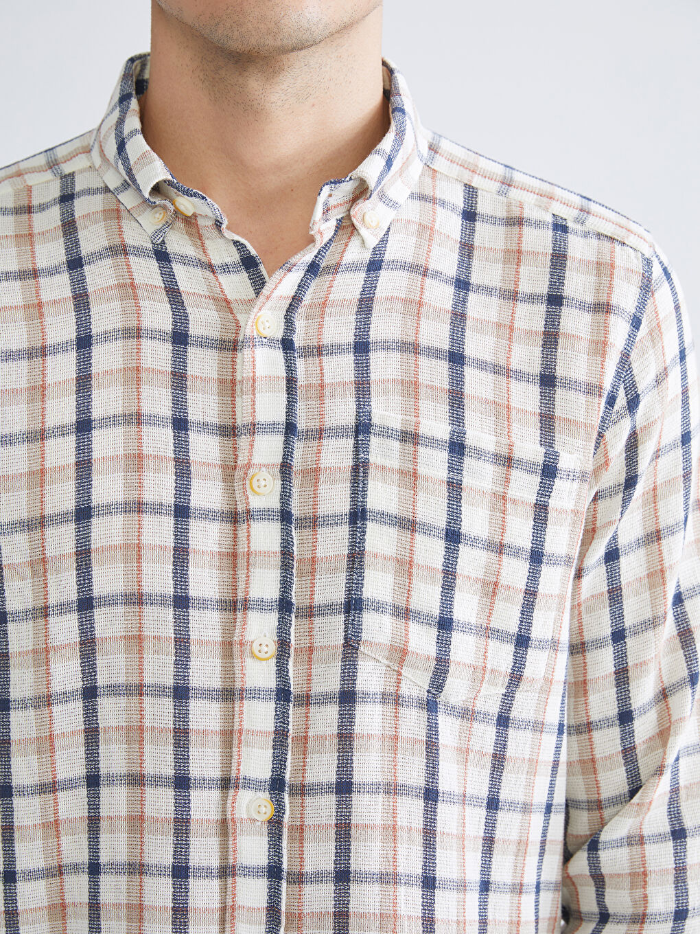 Bej Regular Fit Uzun Kollu Ekose Armürlü Erkek Gömlek-2