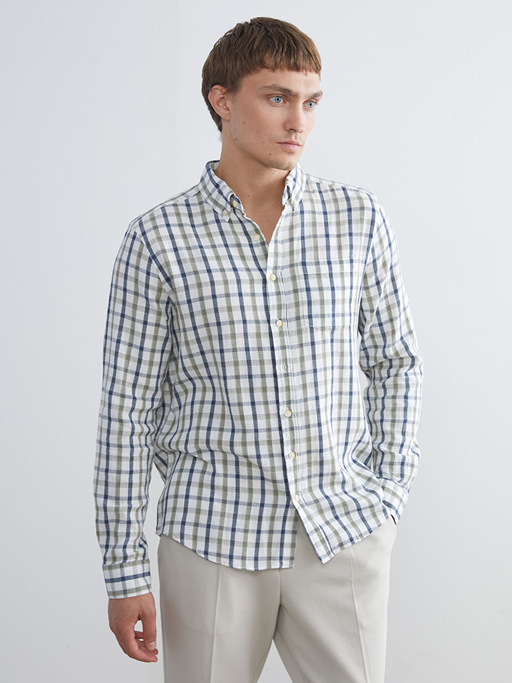 Yeşil Regular Fit Uzun Kollu Ekose Armürlü Erkek Gömlek