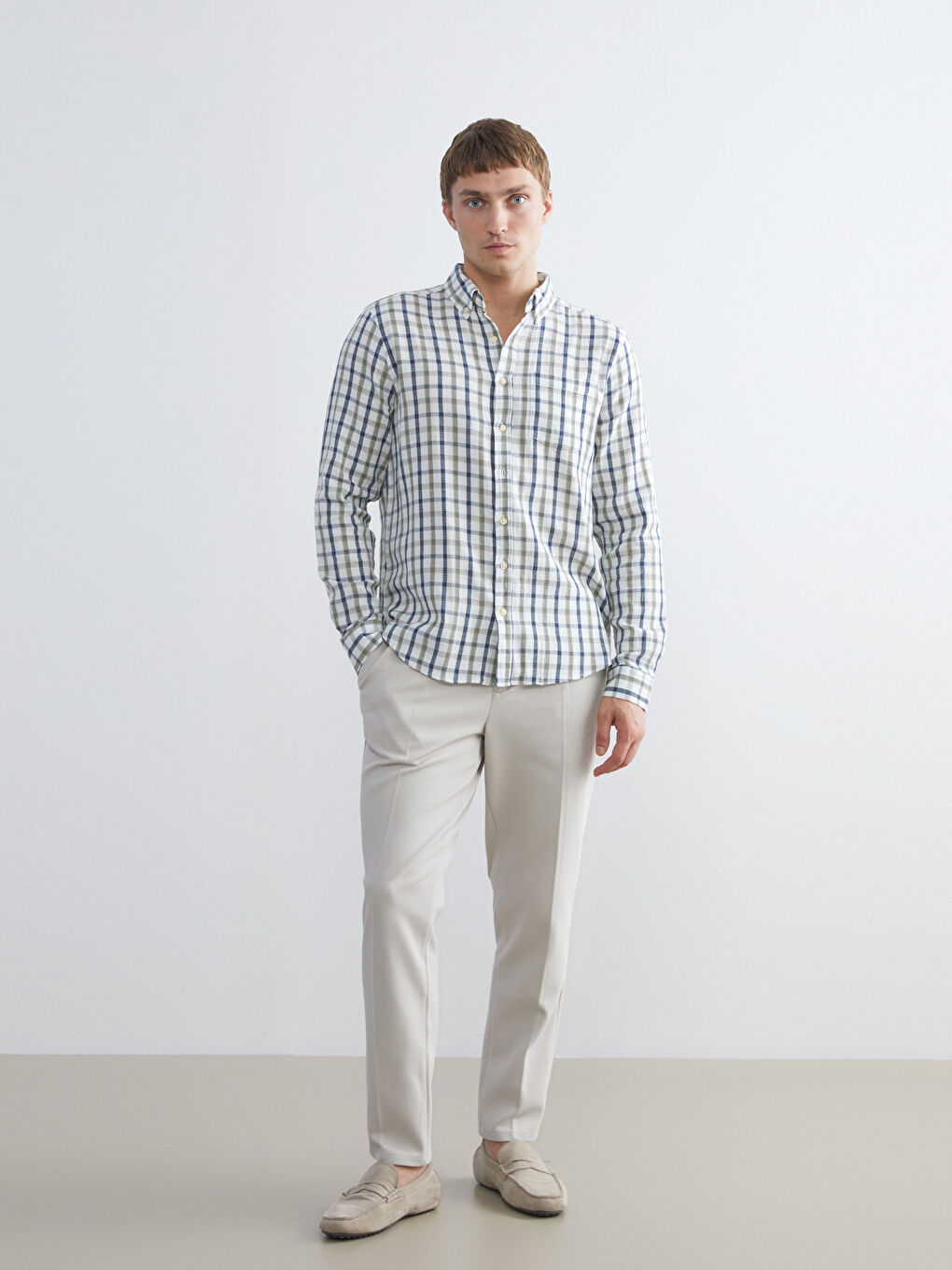 Yeşil Regular Fit Uzun Kollu Ekose Armürlü Erkek Gömlek-1