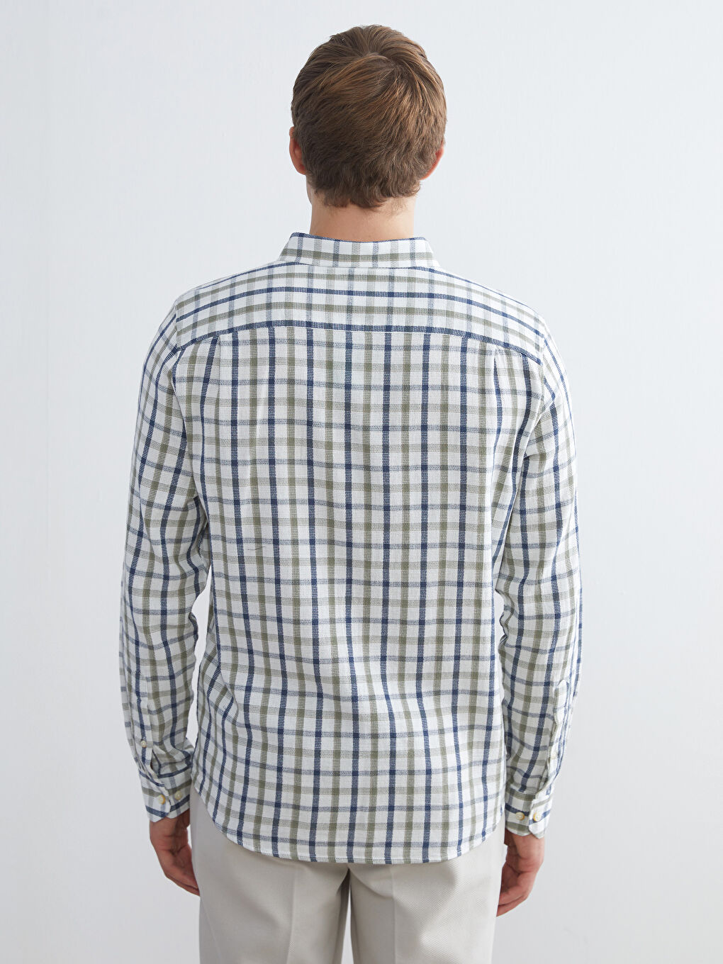 Yeşil Regular Fit Uzun Kollu Ekose Armürlü Erkek Gömlek-3