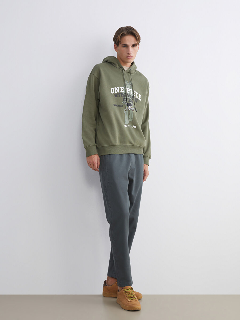 Yeşil Uzun Kollu One Piece Baskılı Erkek Hoodie-1