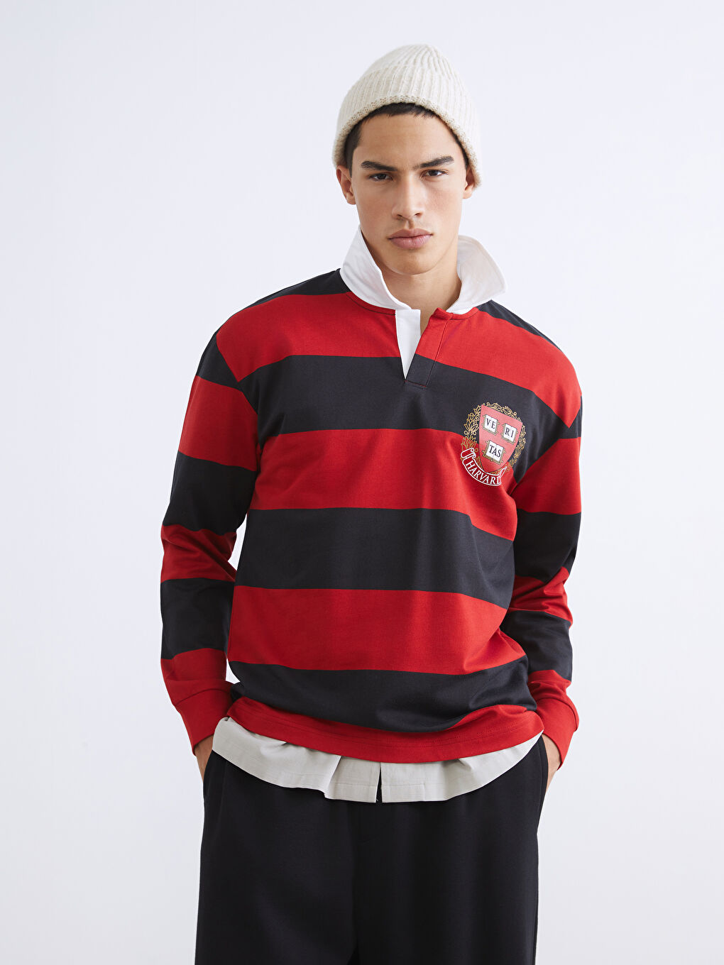 Kırmızı Polo Yaka Harvard Baskılı Erkek Sweatshirt
