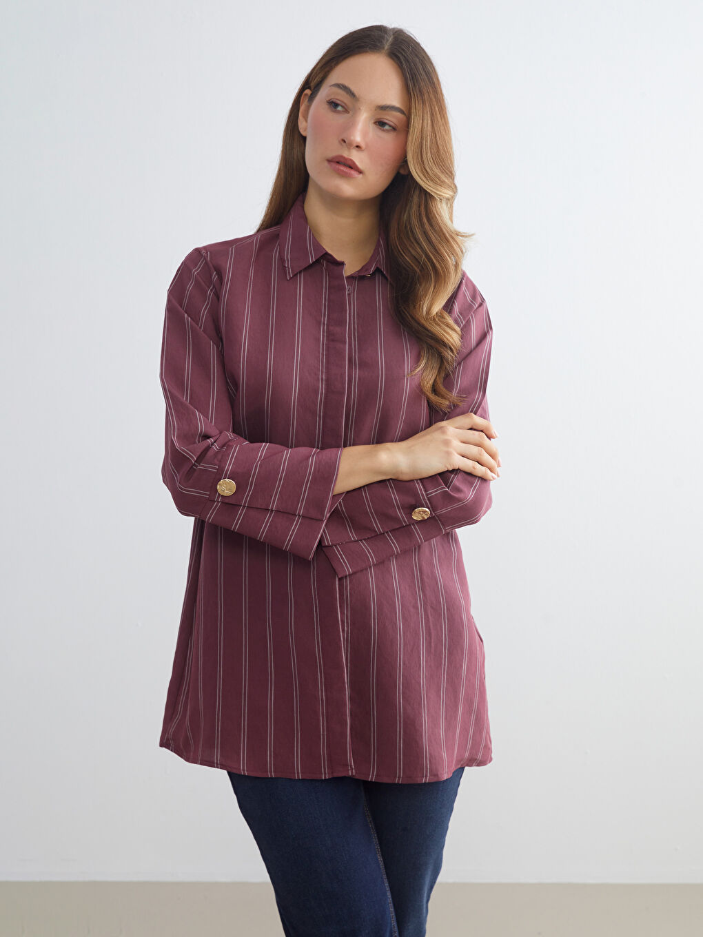 Bordo Çizgili Kadın Gömlek Tunik