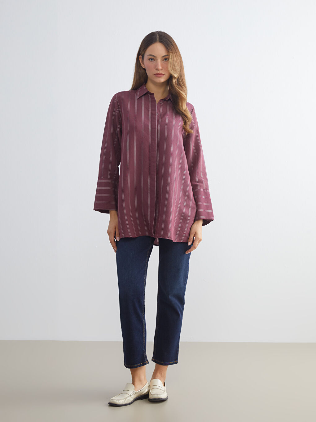 Bordo Çizgili Kadın Gömlek Tunik-1