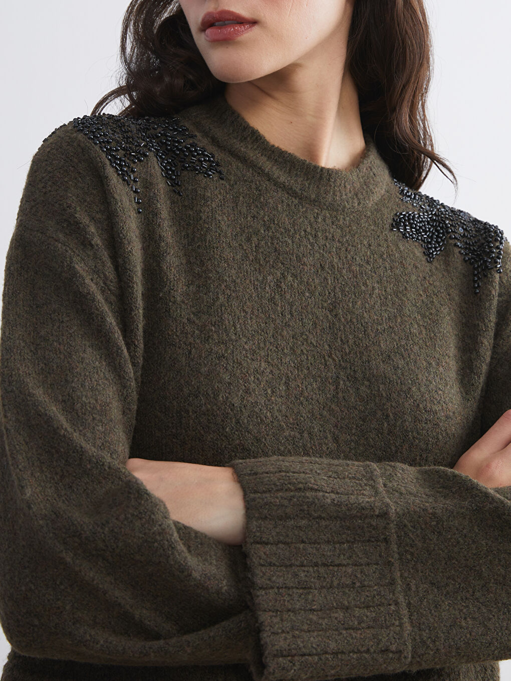 Crew Neck Beaded Embellished Women's Knitwear Sweater-2