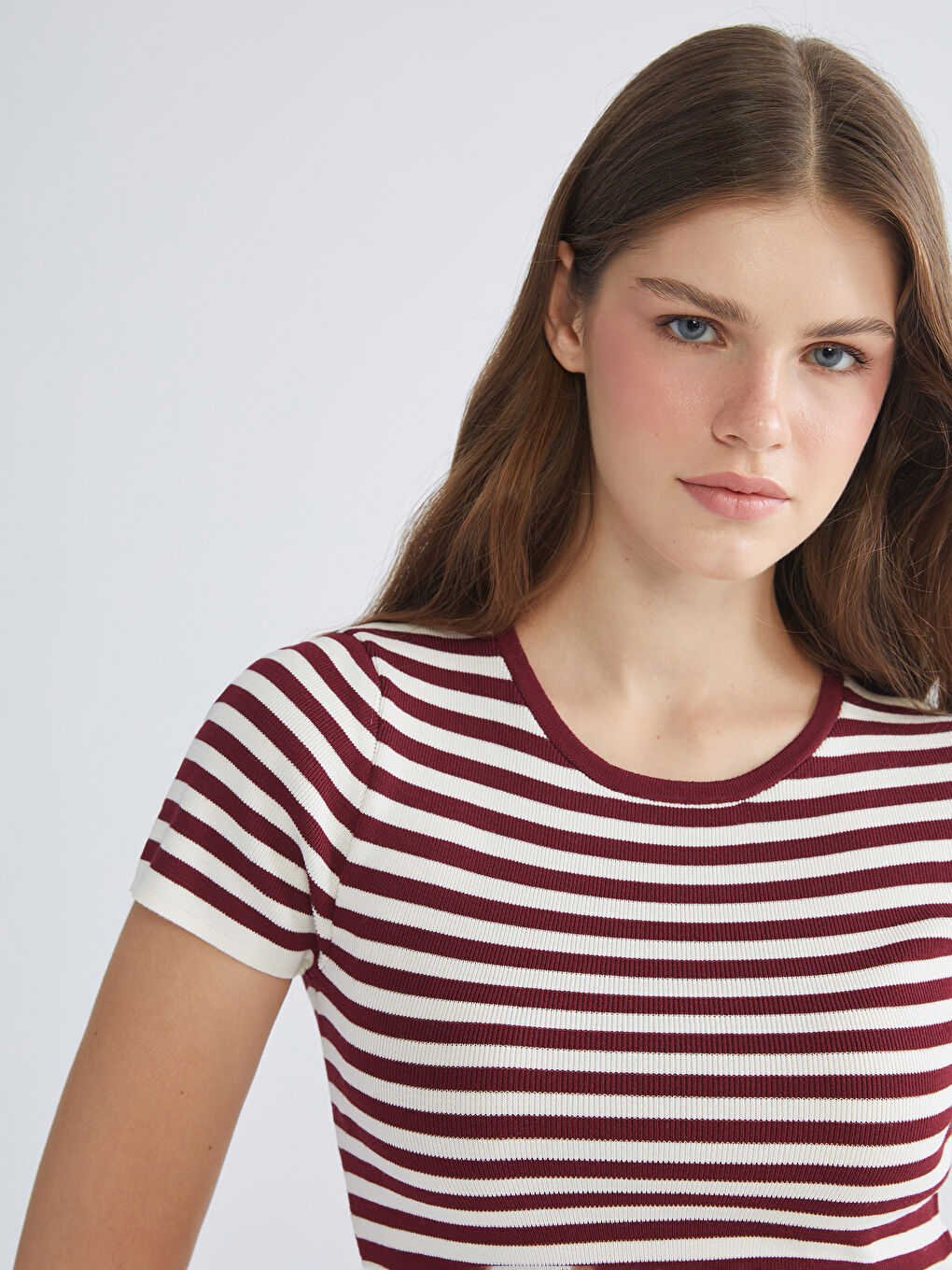 Bordo Bisiklet Yaka Çizgili Kadın Triko Kazak