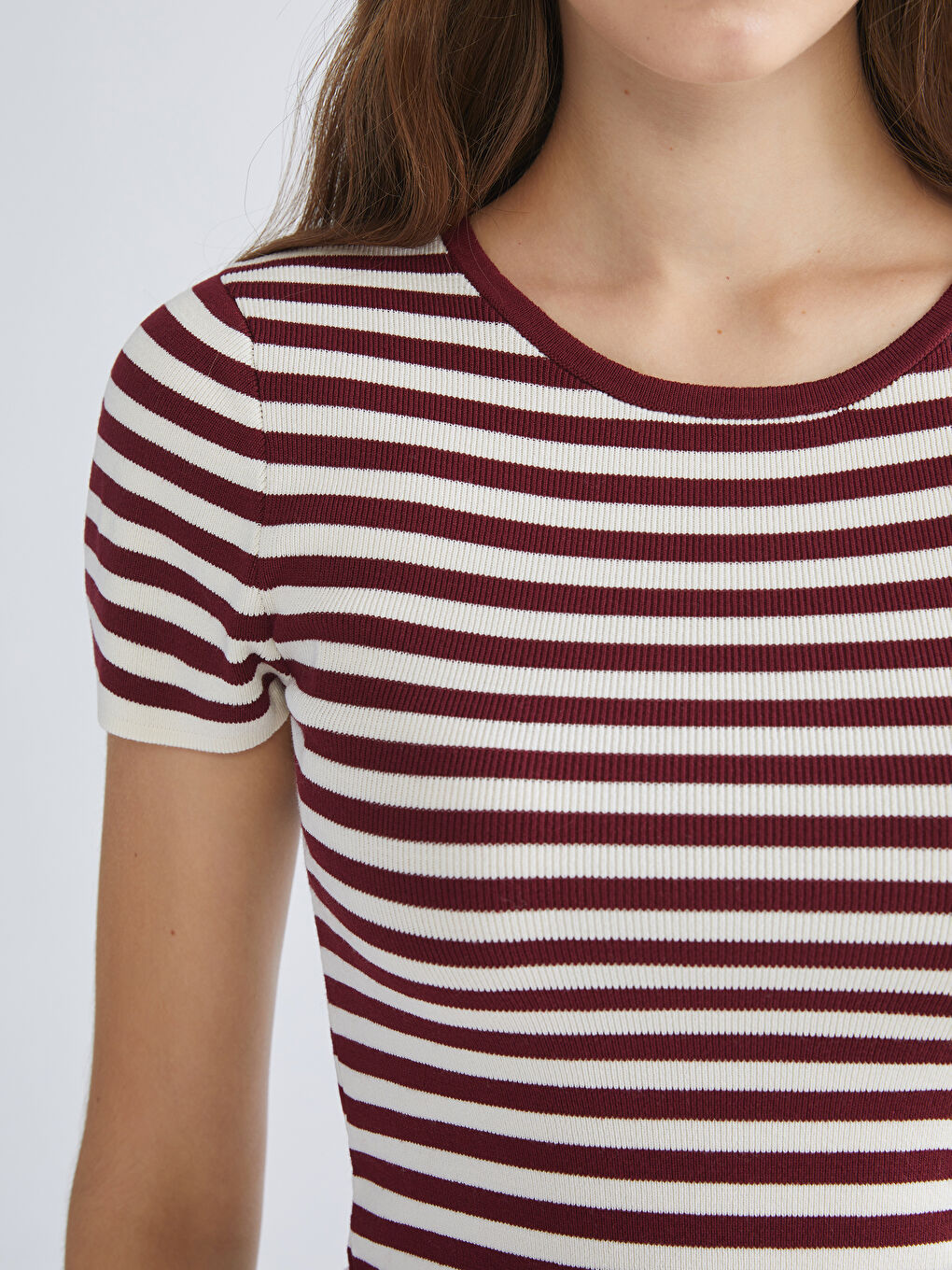 Bordo Bisiklet Yaka Çizgili Kadın Triko Kazak-2