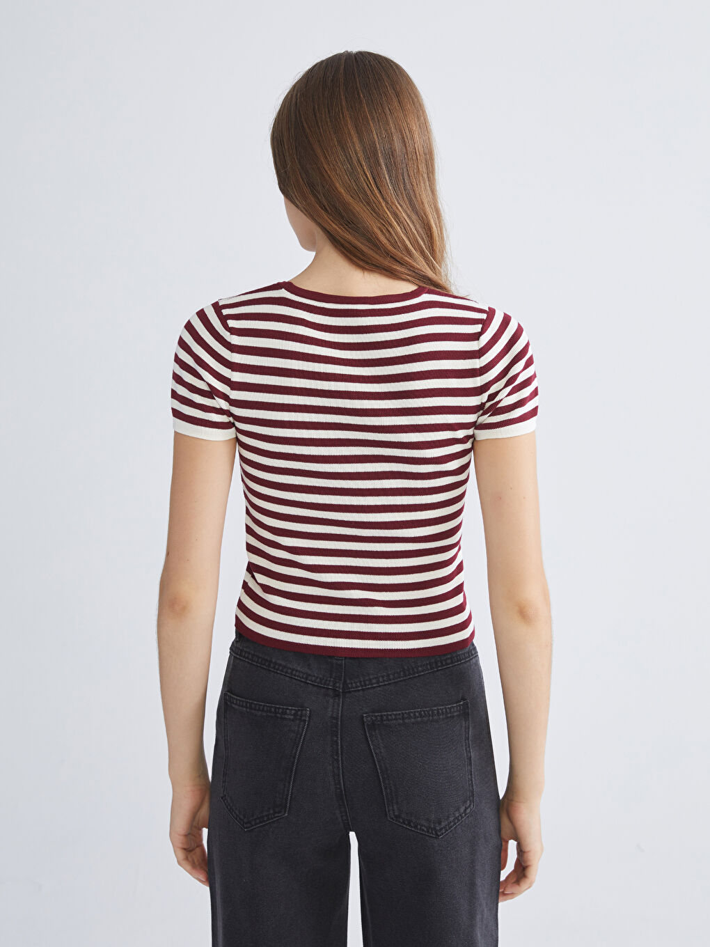 Bordo Bisiklet Yaka Çizgili Kadın Triko Kazak-3