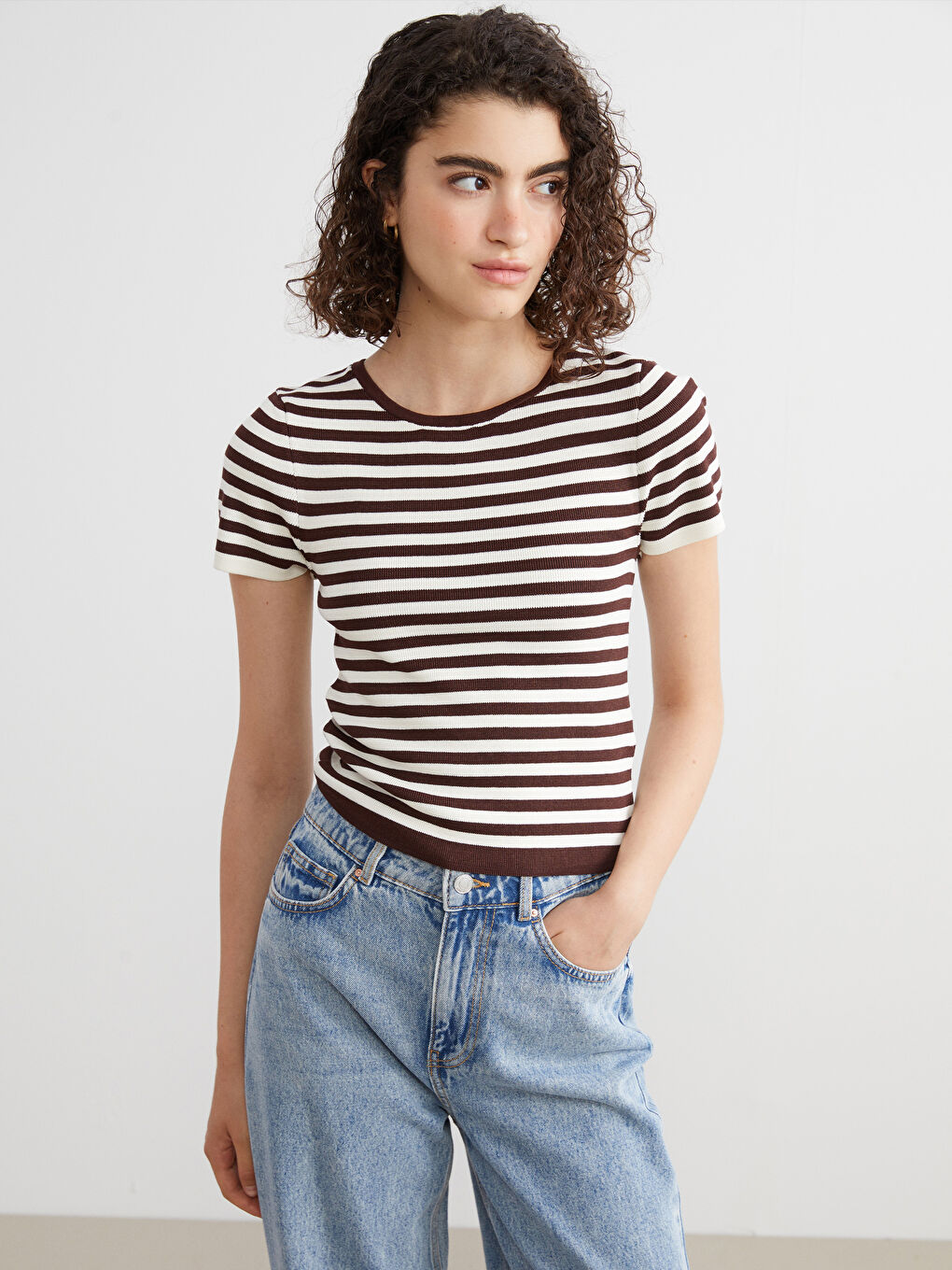 Kahverengi Bisiklet Yaka Çizgili Kadın Triko Kazak