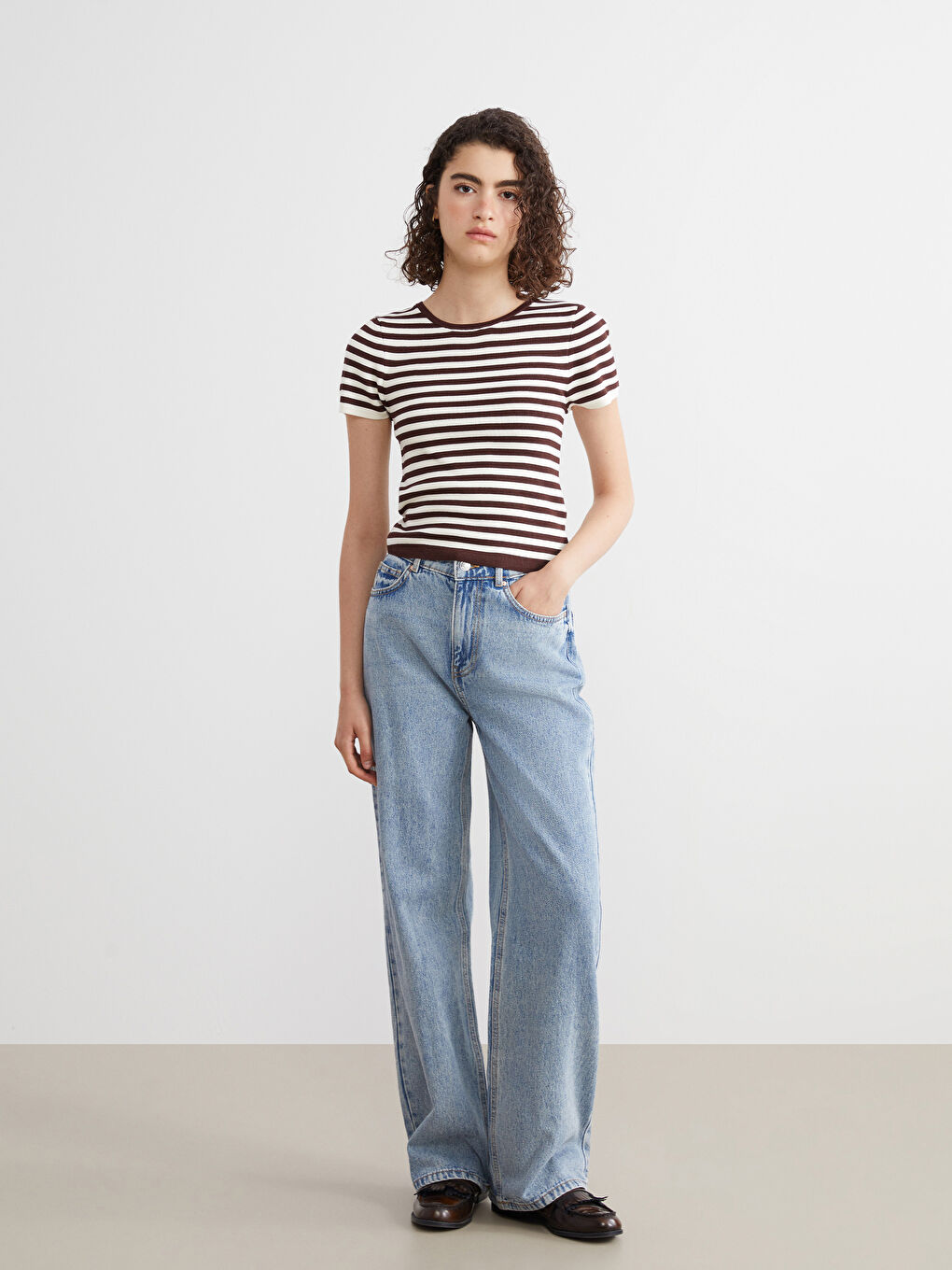 Kahverengi Bisiklet Yaka Çizgili Kadın Triko Kazak-1