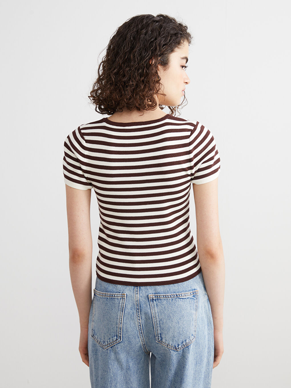 Kahverengi Bisiklet Yaka Çizgili Kadın Triko Kazak-3