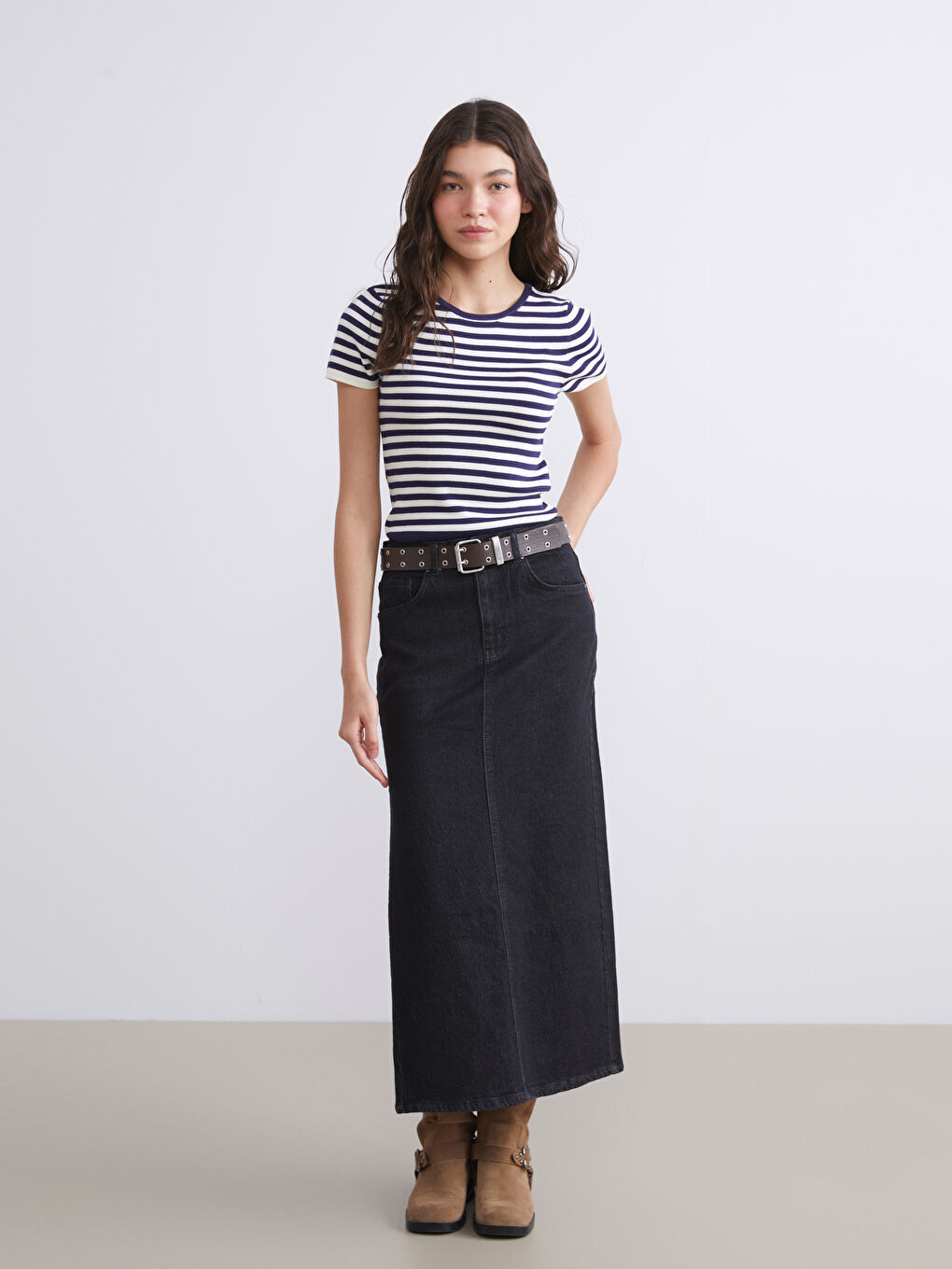 Lacivert Bisiklet Yaka Çizgili Kadın Triko Kazak-1