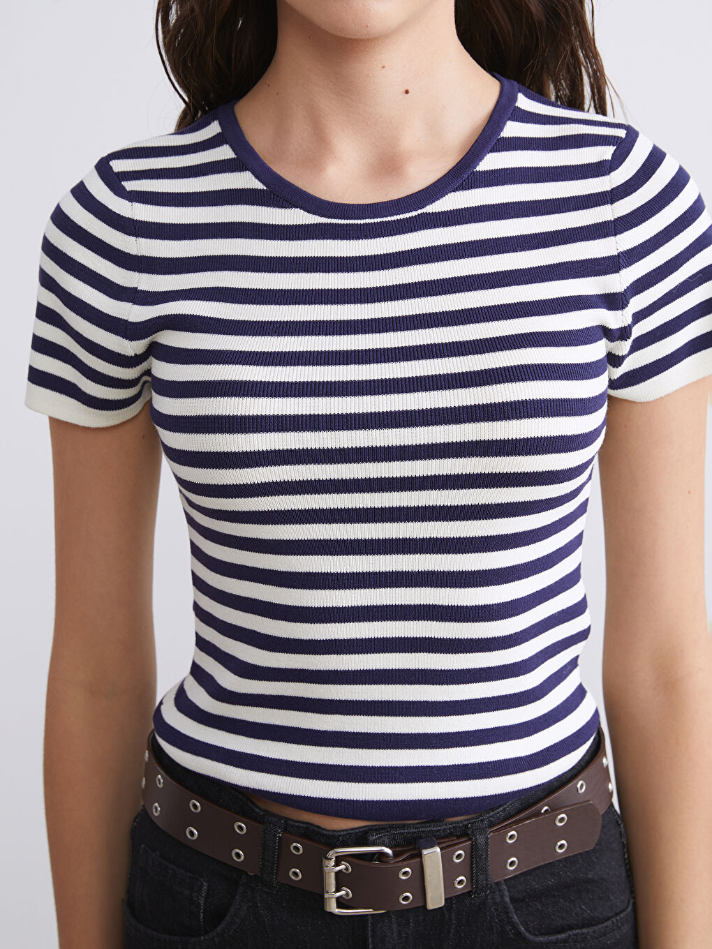 Lacivert Bisiklet Yaka Çizgili Kadın Triko Kazak-2