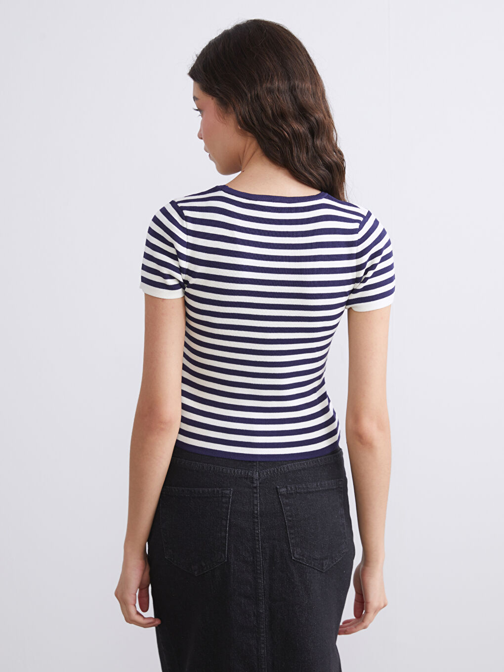 Lacivert Bisiklet Yaka Çizgili Kadın Triko Kazak-3