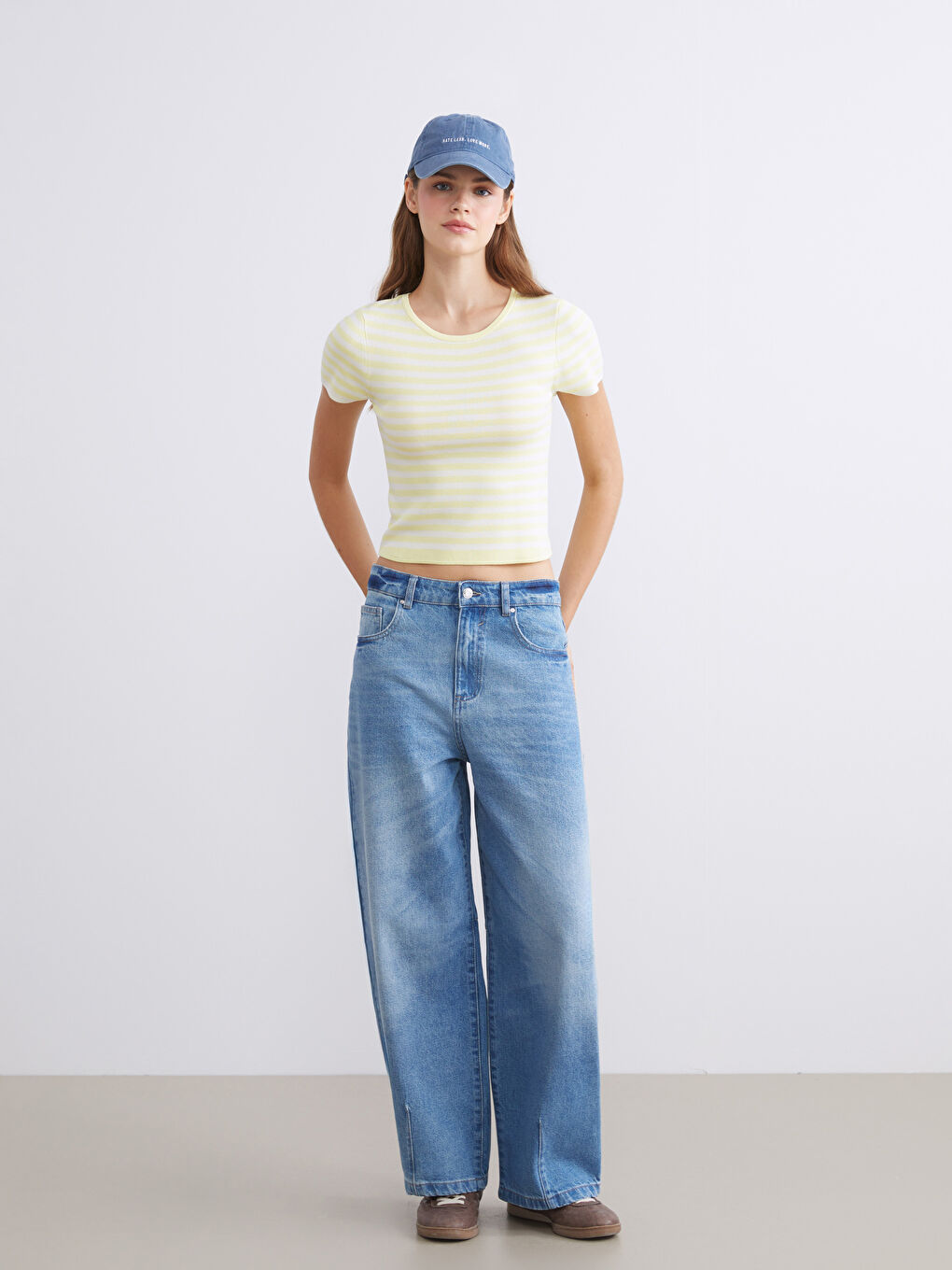 Sarı Bisiklet Yaka Çizgili Kadın Triko Kazak-1