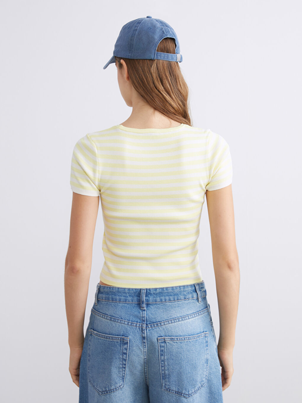 Sarı Bisiklet Yaka Çizgili Kadın Triko Kazak-3