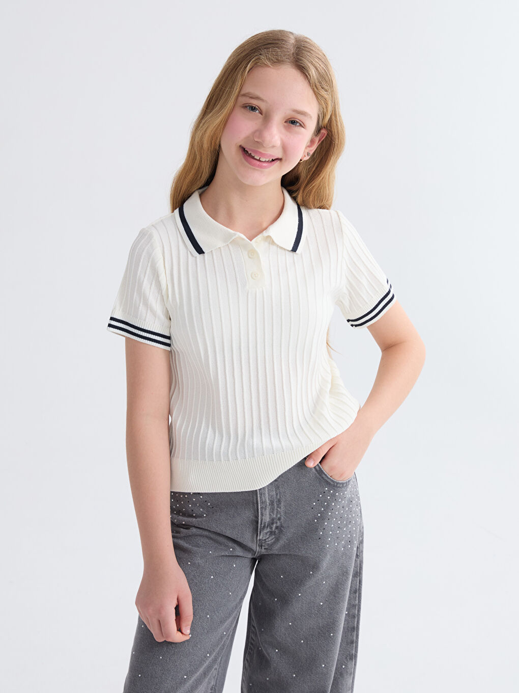 Polo Neck Girls' Knit Sweater