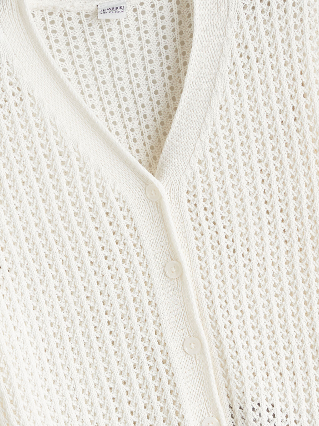 Ekru V Yaka Ajurlu Kız Çocuk Triko Hırka-1