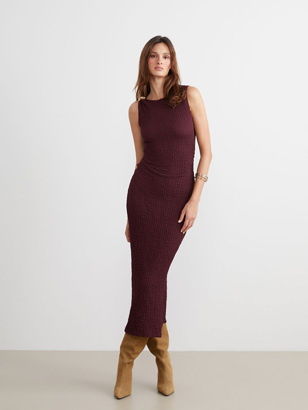 Bordo Bisiklet Yaka Büzgülü Bodycon Elbise