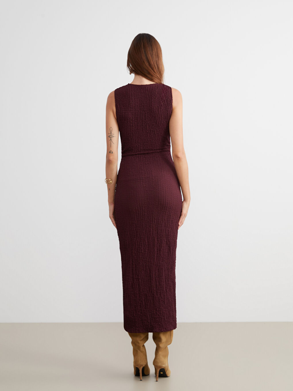 Bordo Bisiklet Yaka Büzgülü Bodycon Elbise-3