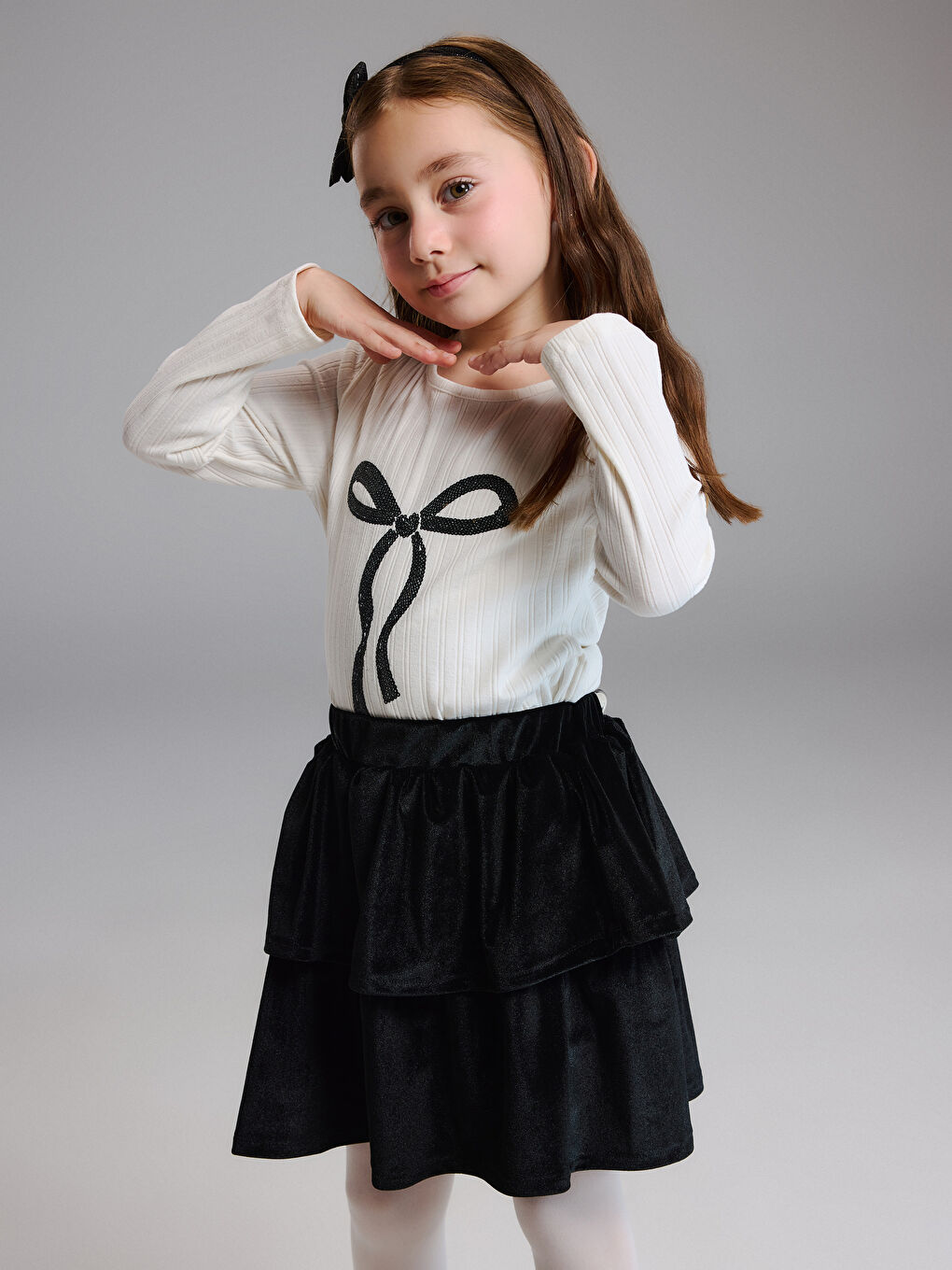 Ekru Fiyonk Detaylı Kız Çocuk Bluz ve Etek-1