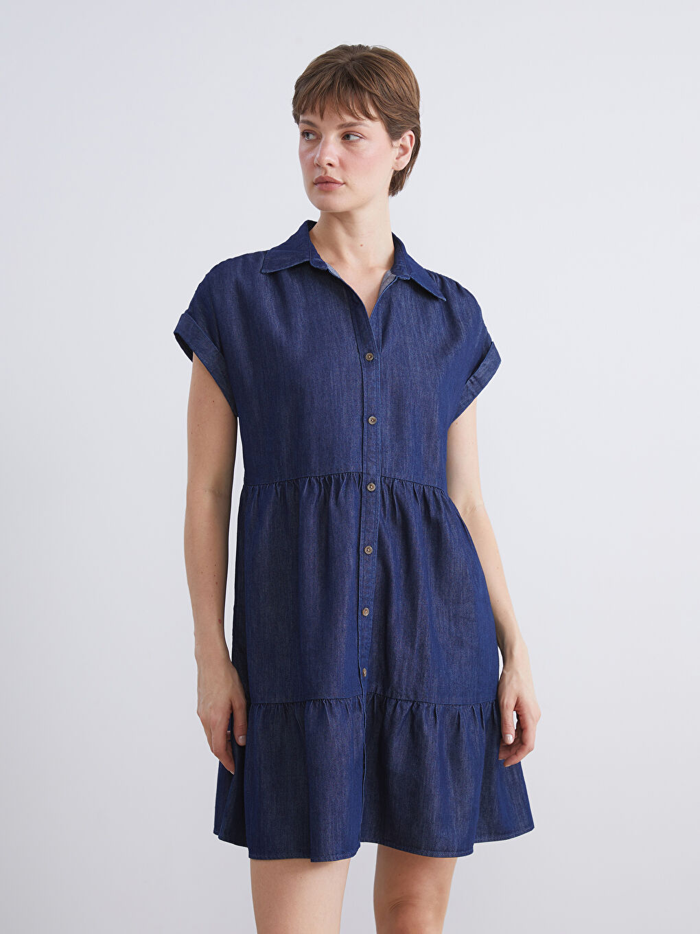 Slojevita mini teksas haljina sa kragnom-1