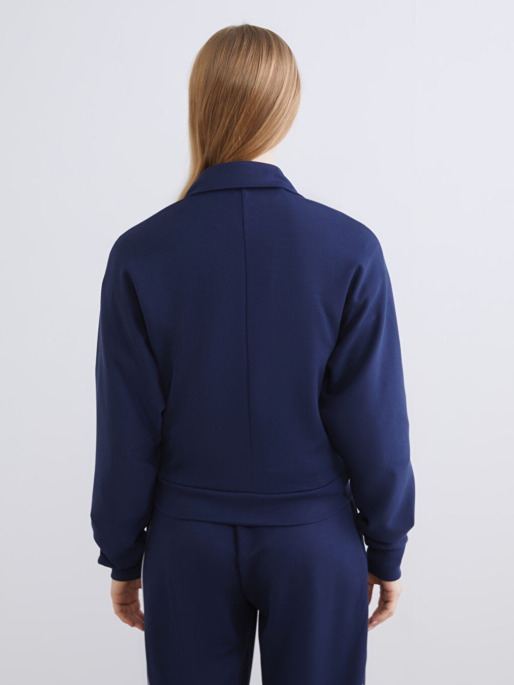 Lacivert Polo Yaka Modal Karışımlı Kadın Fermuarlı Sweatshirt-4