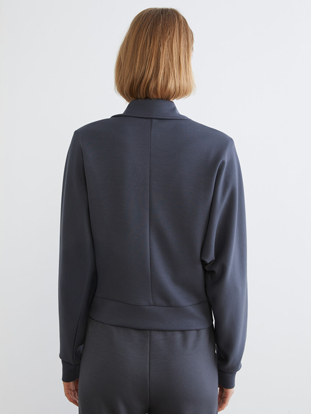 Gri Polo Yaka Modal Karışımlı Kadın Fermuarlı Sweatshirt-3