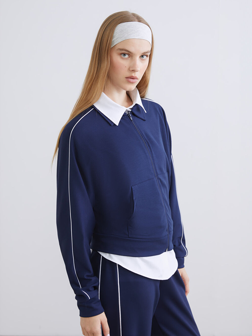 Lacivert Polo Yaka Modal Karışımlı Kadın Fermuarlı Sweatshirt-1