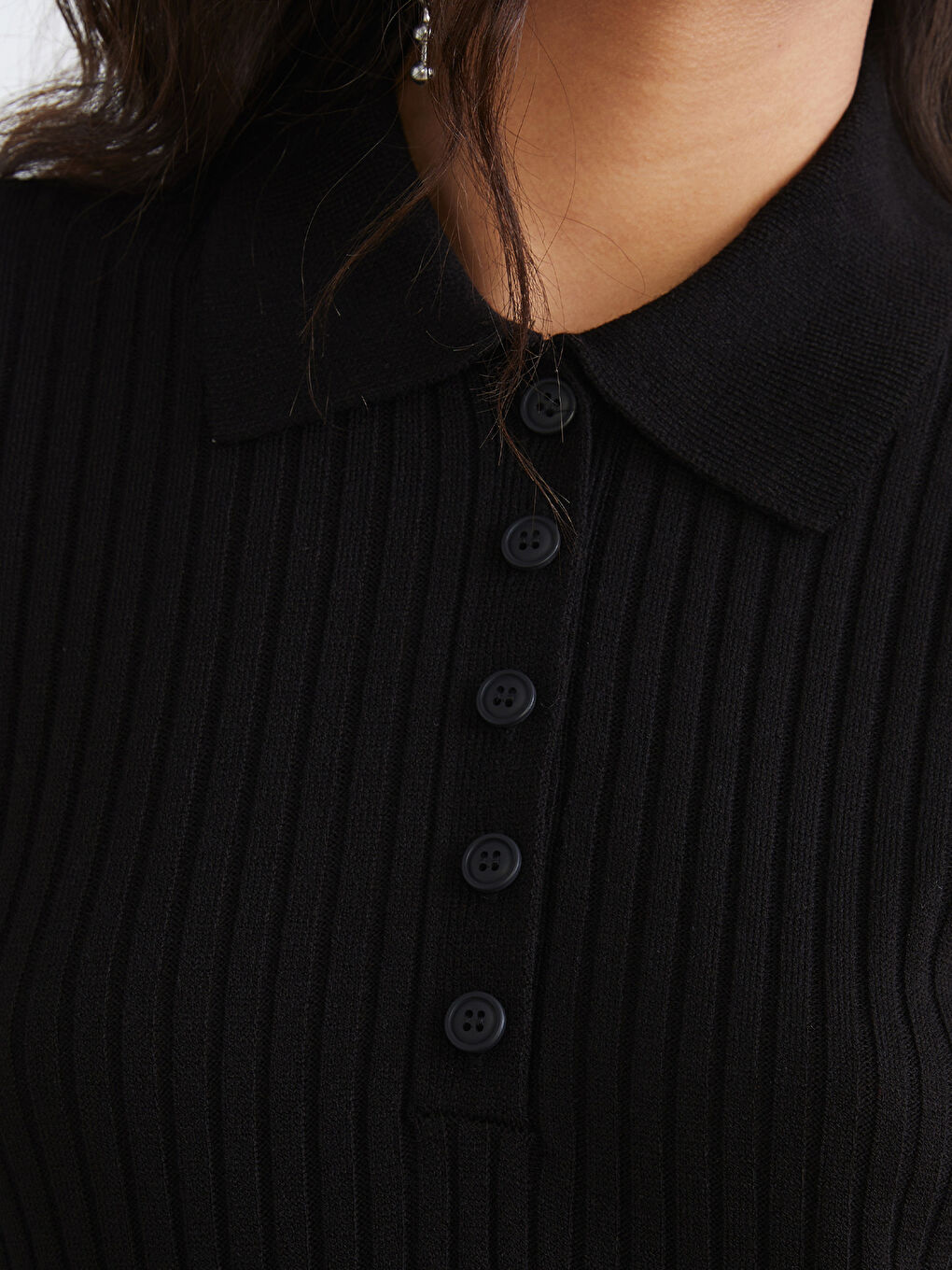 Siyah Polo Yaka Fitilli Triko Elbise-2