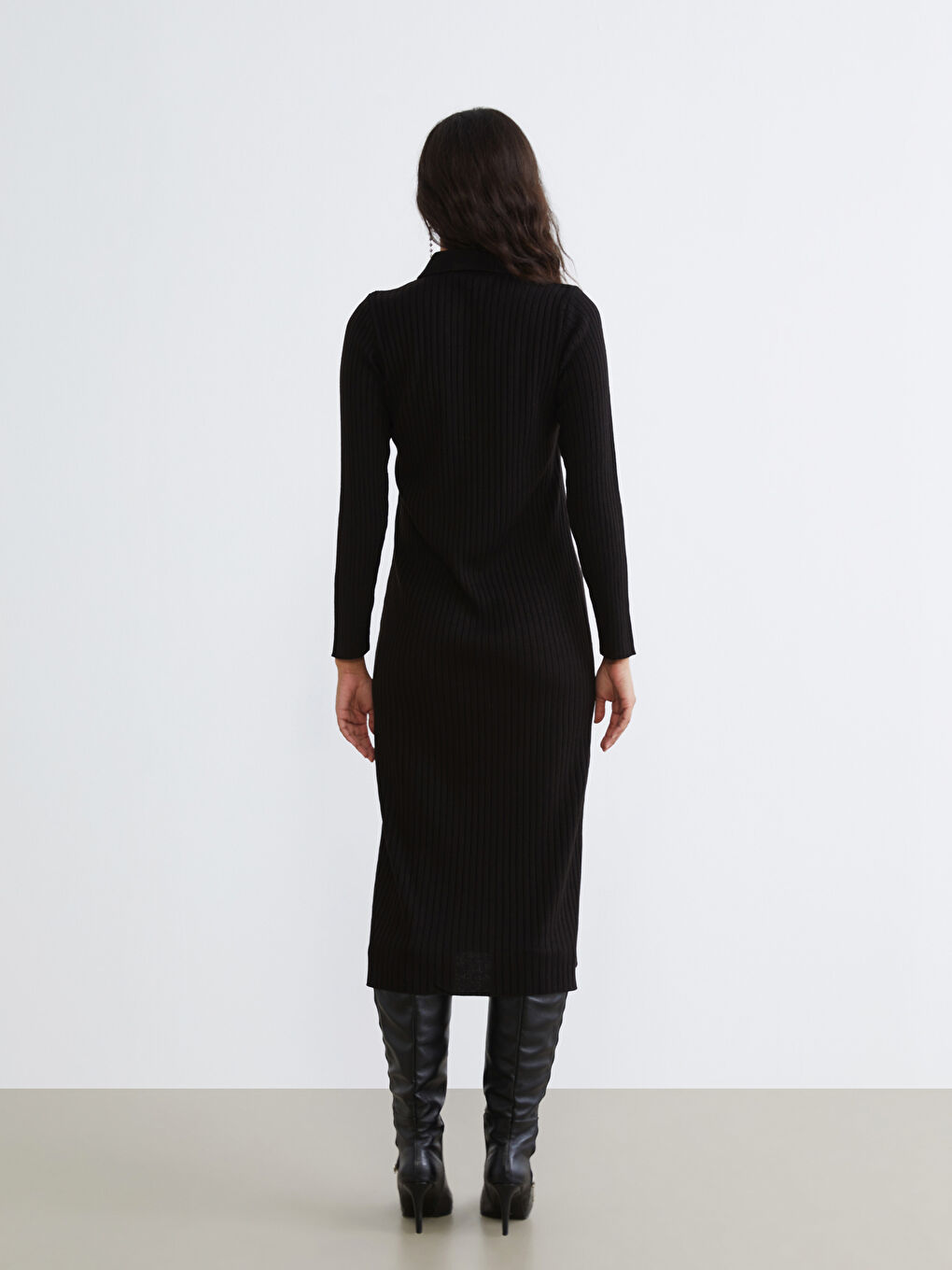 Siyah Polo Yaka Fitilli Triko Elbise-3