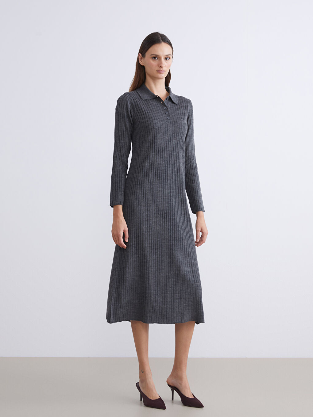 Antrasit Polo Yaka Fitilli Triko Elbise