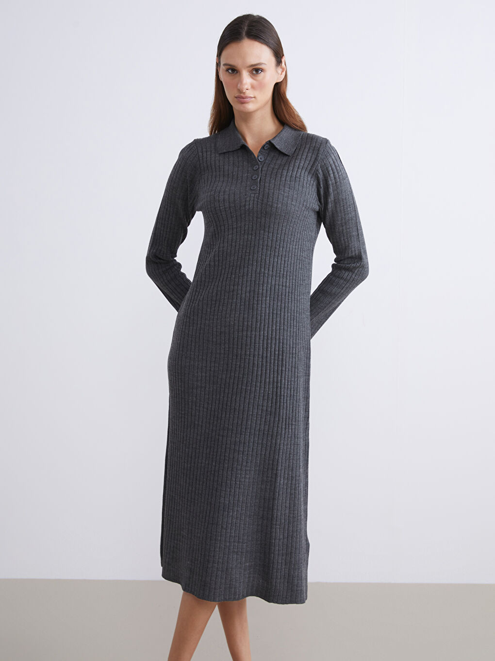 Antrasit Polo Yaka Fitilli Triko Elbise-1