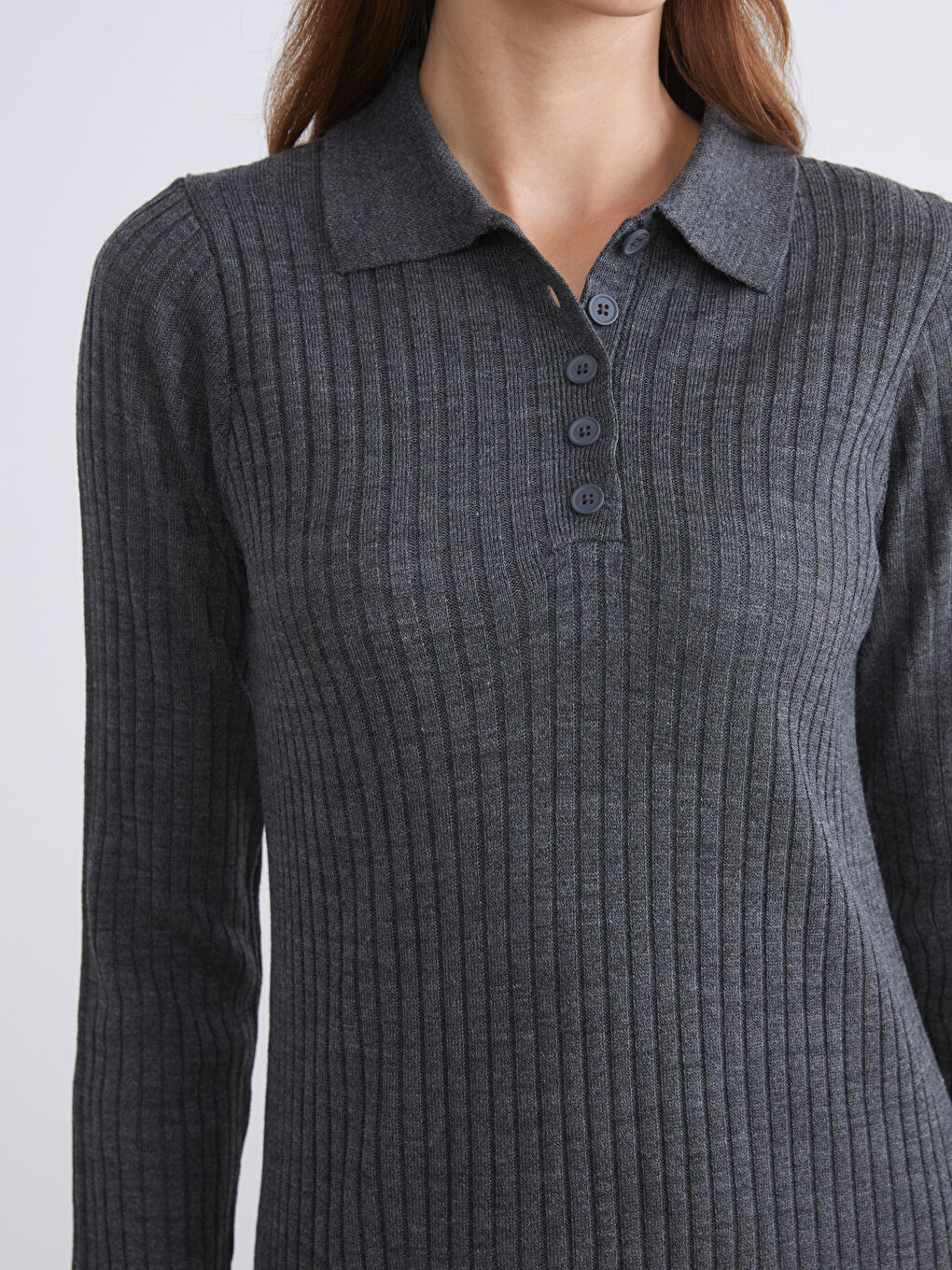 Antrasit Polo Yaka Fitilli Triko Elbise-2