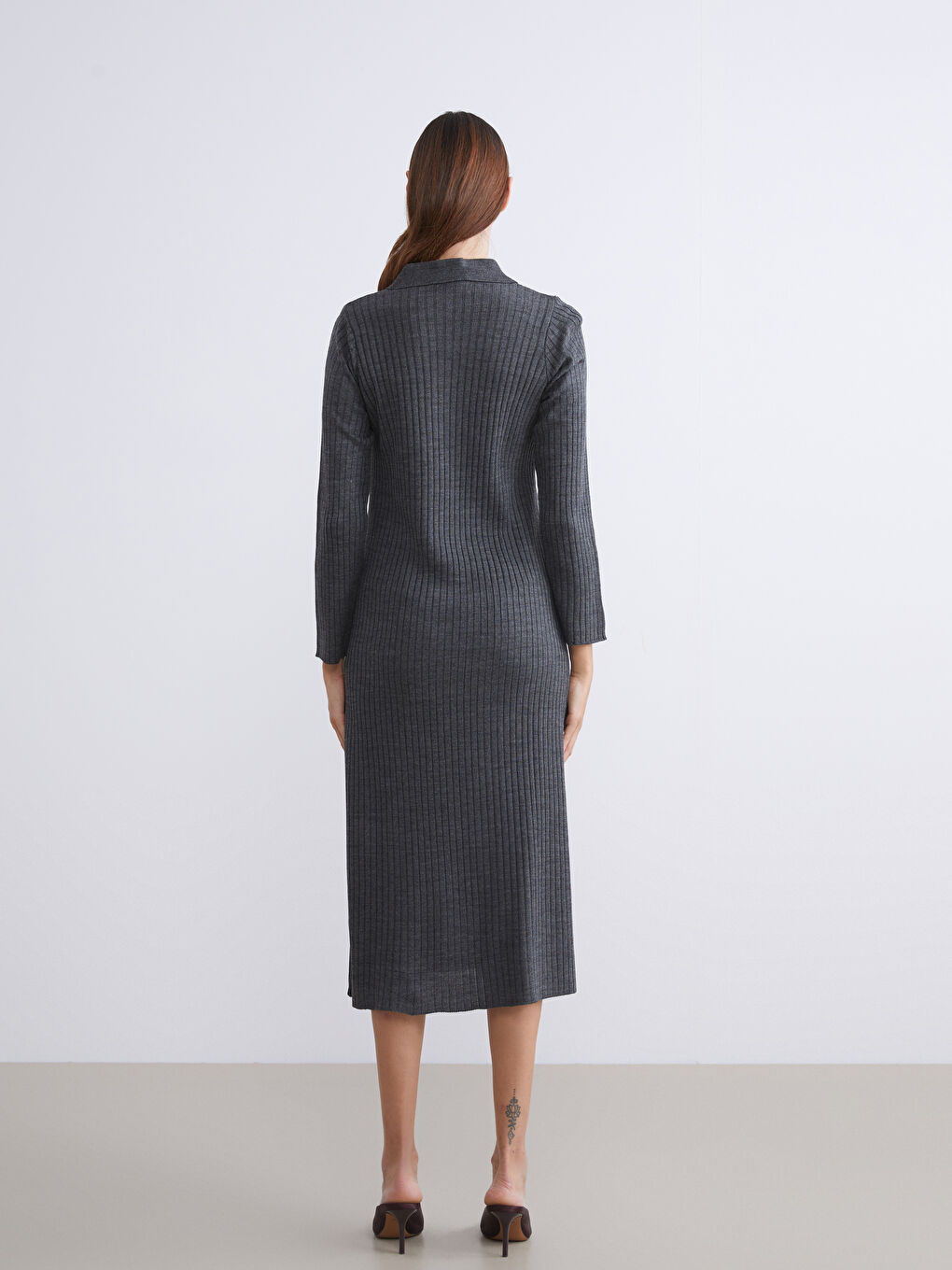 Antrasit Polo Yaka Fitilli Triko Elbise-3