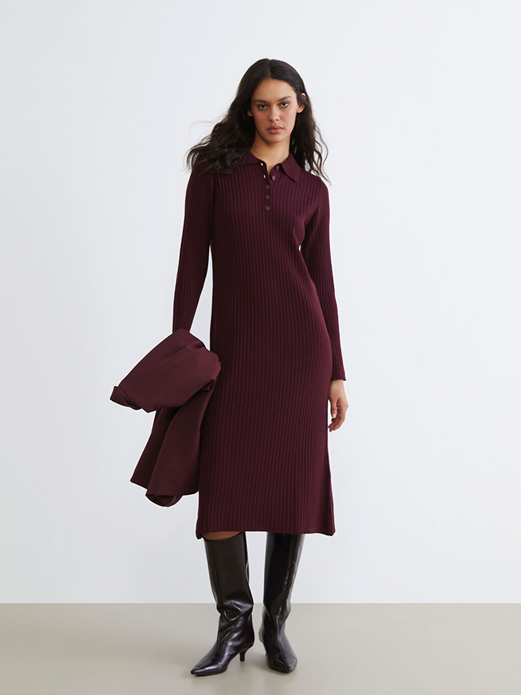 Bordo Polo Yaka Fitilli Triko Elbise