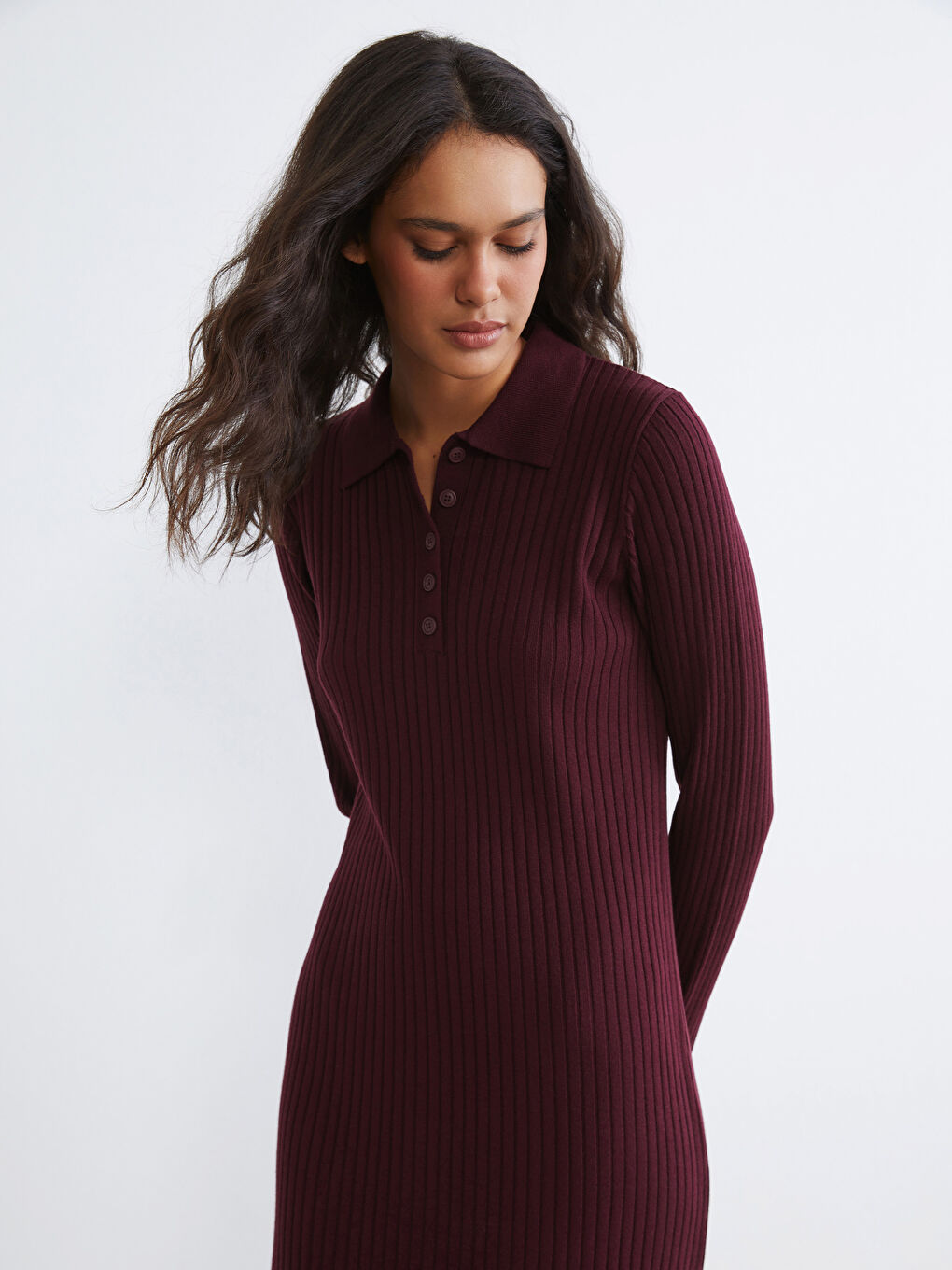 Bordo Polo Yaka Fitilli Triko Elbise-1
