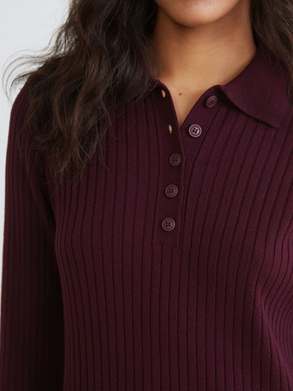 Bordo Polo Yaka Fitilli Triko Elbise-2