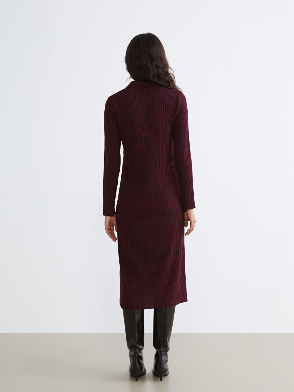 Bordo Polo Yaka Fitilli Triko Elbise-3