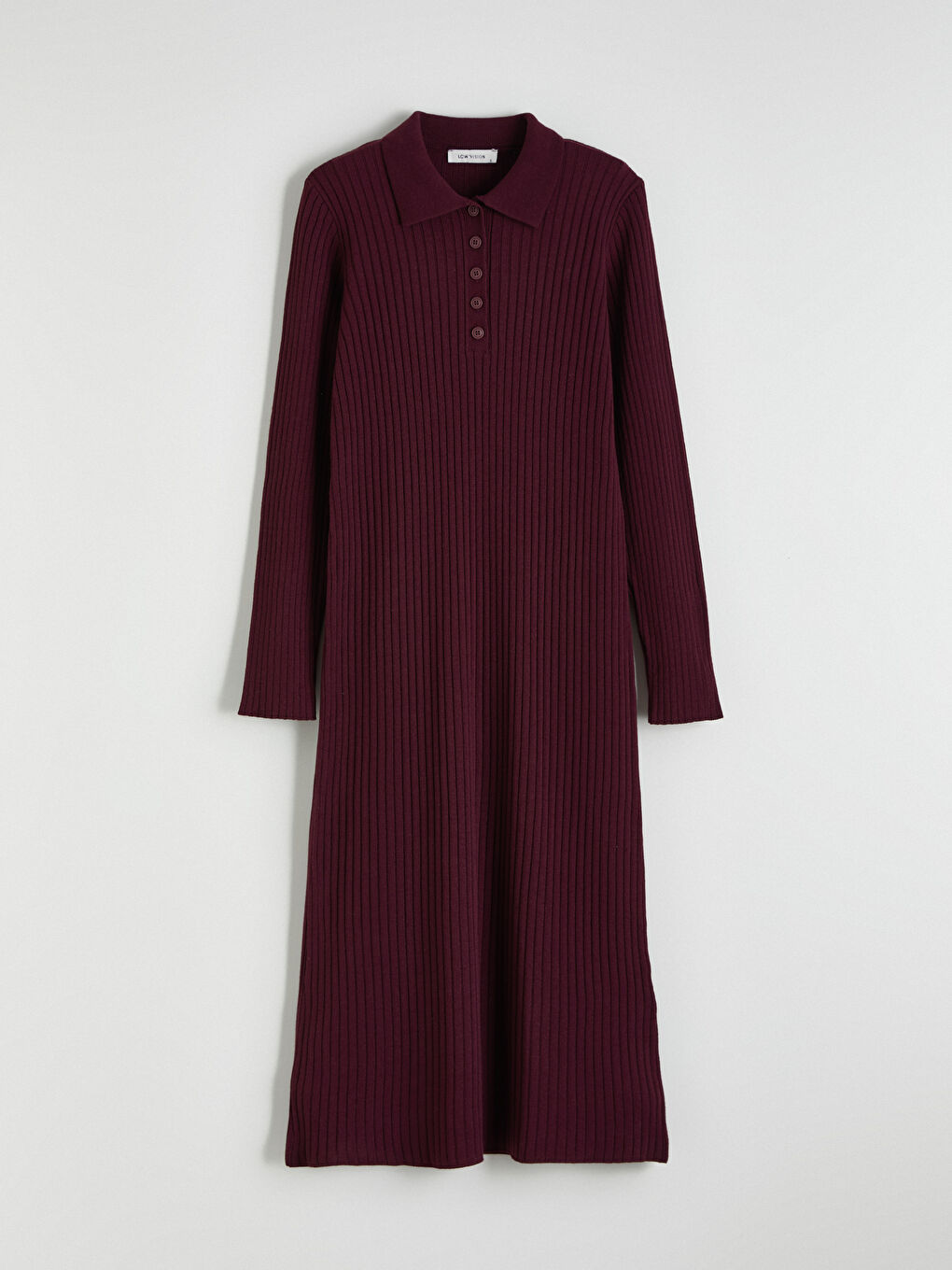 Bordo Polo Yaka Fitilli Triko Elbise-4