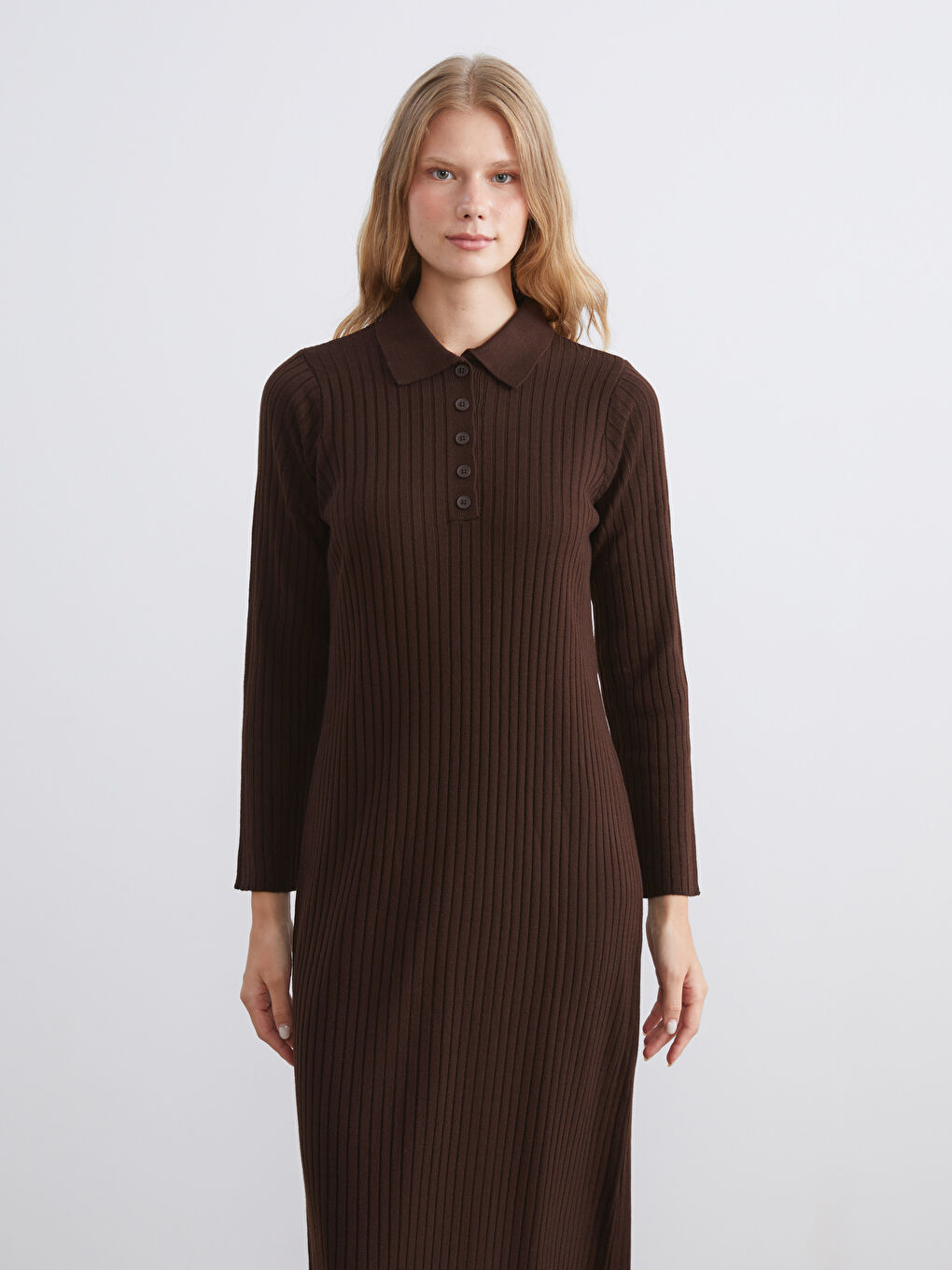 Kahverengi Polo Yaka Fitilli Triko Elbise-1