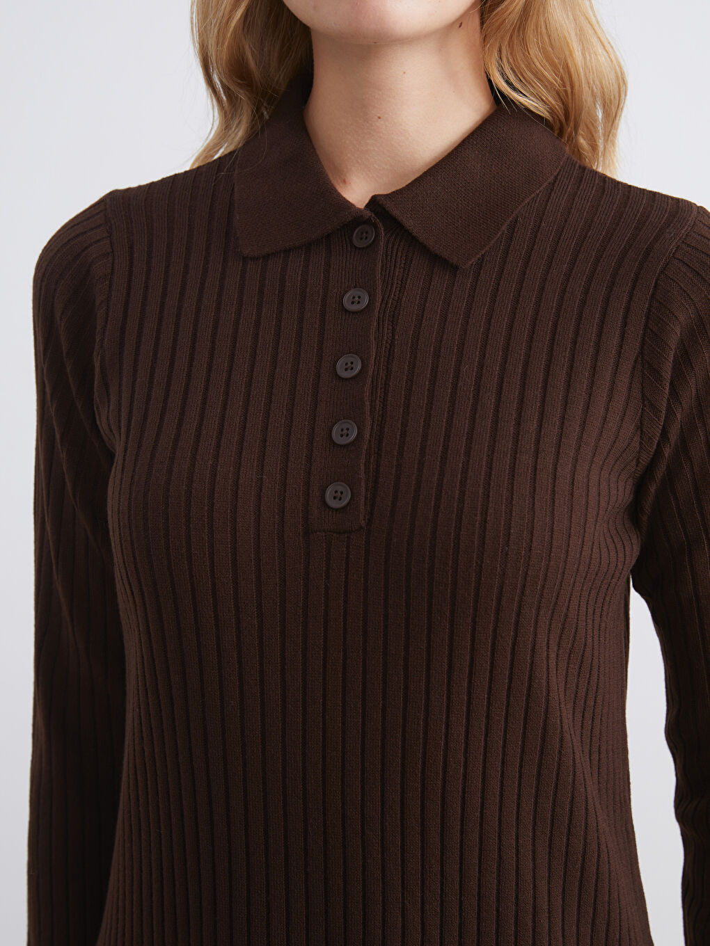 Kahverengi Polo Yaka Fitilli Triko Elbise-2