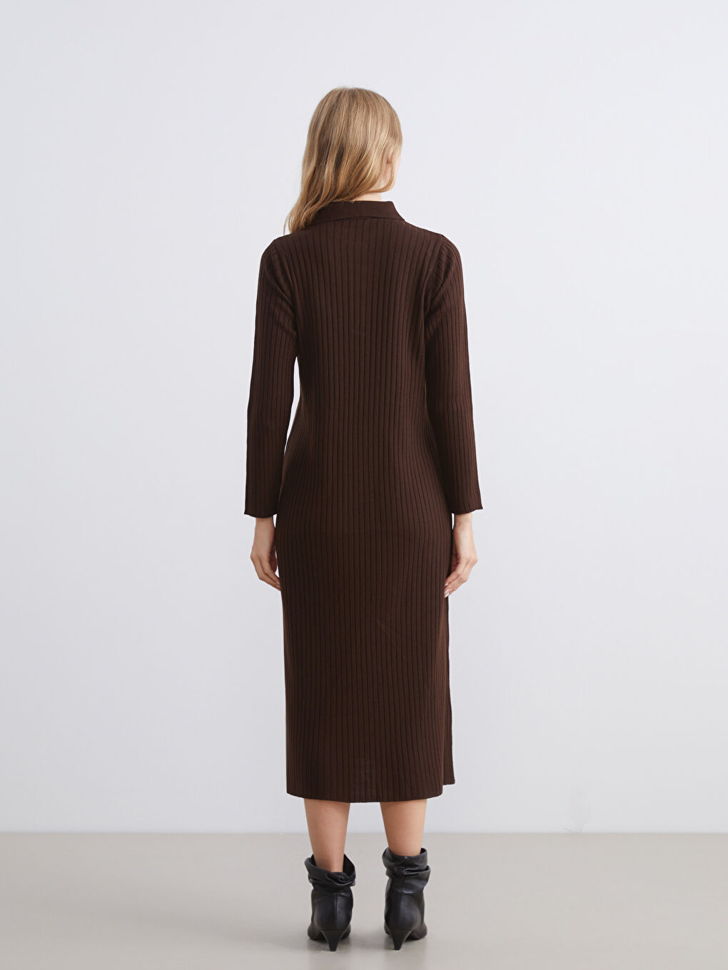 Kahverengi Polo Yaka Fitilli Triko Elbise-3