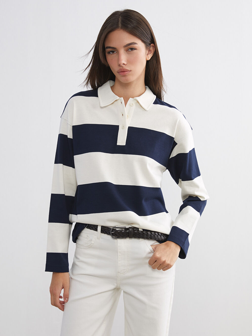 Karışık Polo Yaka Çizgili Kadın Tişört