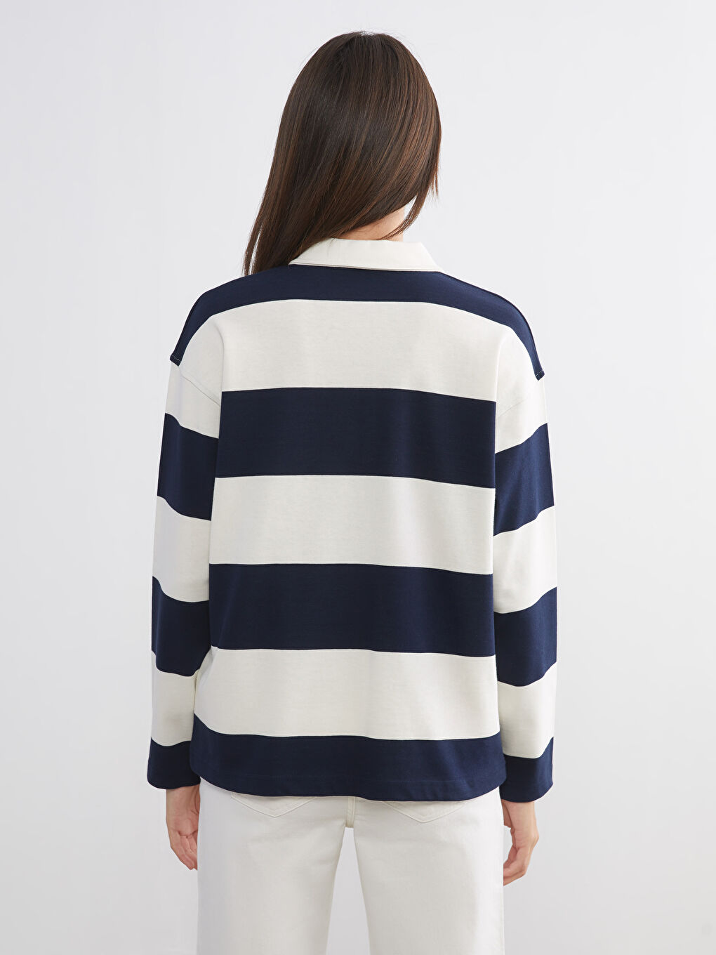 Karışık Polo Yaka Çizgili Kadın Tişört-3